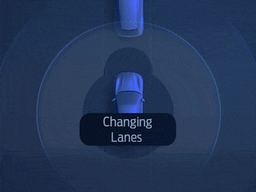Birds-eye of a computer modeled vehicle maneuvering in a lane change