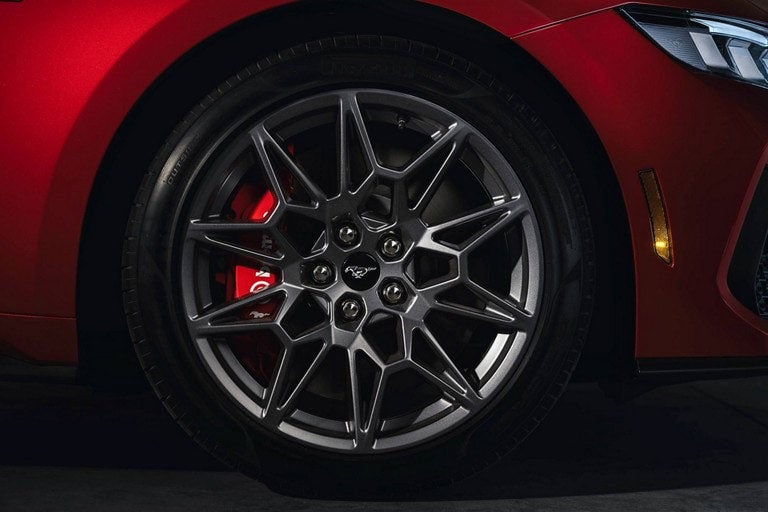 2024 Ford Mustang® model with a close-up of a wheel and brake caliper | Soeby Motor Company in Walhalla ND